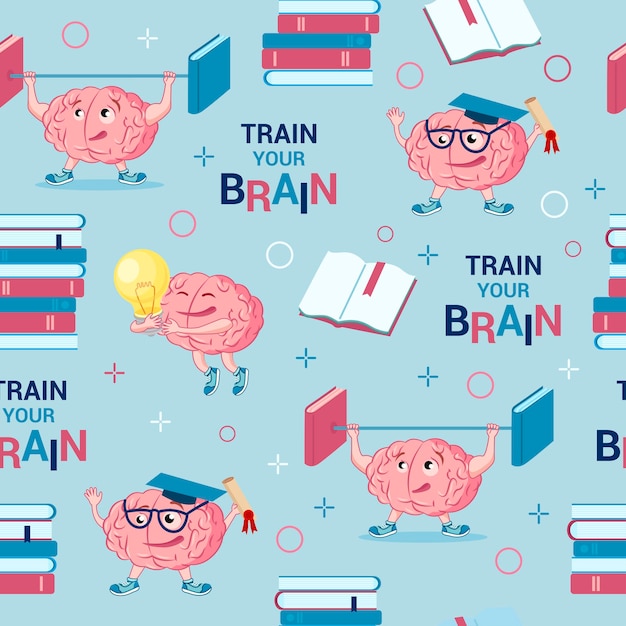 Ejercicio mental. Habilidades mentales. Cerebro de personaje de dibujos animados lindo, pilas de libros, inscripción - Entrena tu cerebro sobre fondo azul claro.Patrón transparente de vector, repetición de textura sin fin para imprimir