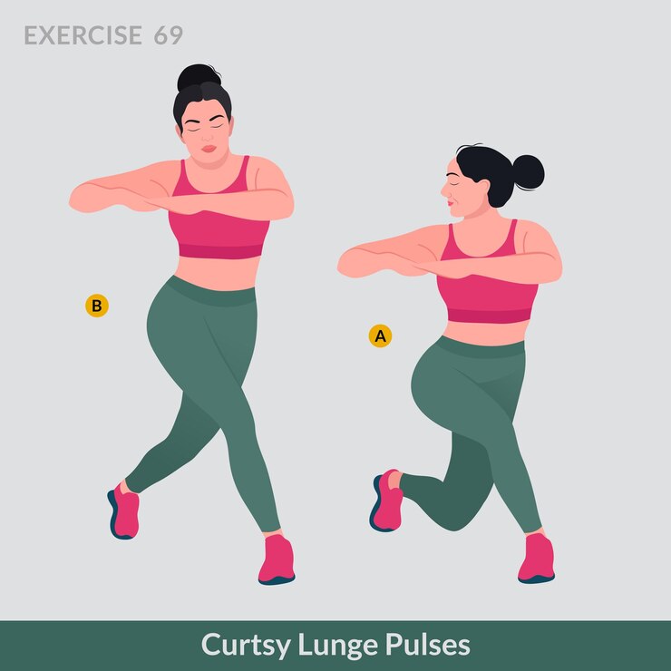 Vector ejercicio de pulsos de estocada curtsy, fitness de entrenamiento de mujer, aeróbicos y ejercicios.