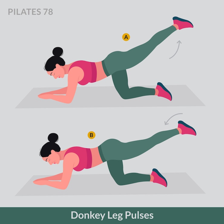 Vector ejercicio de pulsos de pierna de burro, fitness de entrenamiento de mujer, aeróbic y ejercicios.