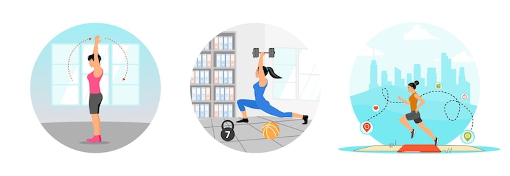Vector ejercicio de salto de jack ejercicios con pesas y kettlebells correr con íconos de fitness