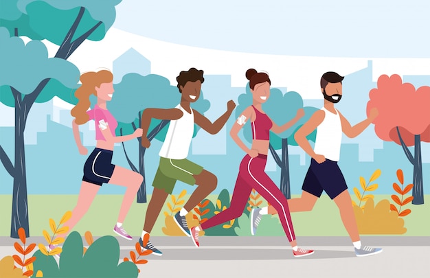 Vector ejercicio de salud para hombres y mujeres y actividad de carrera.