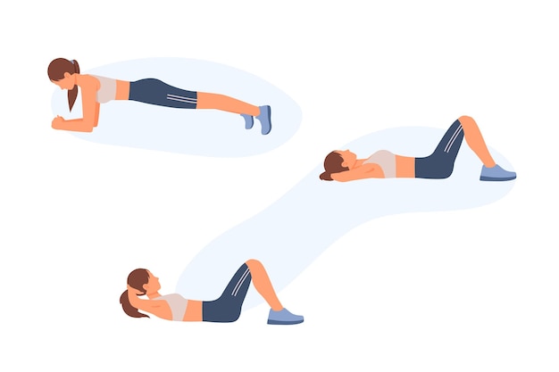 Ejercicios básicos para entrenar los músculos del abdomen y la espalda Fitness solo Personaje femenino hace gimnasia para una figura hermosa Proceso de mejora del cuerpo mediante deportes