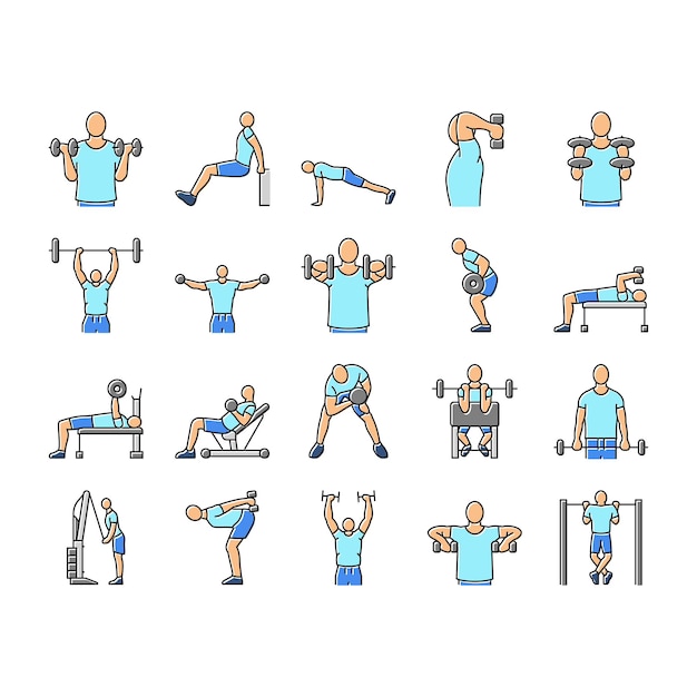 ejercicios de fitness brazo cuerpo ejercicios iconos conjunto vector
