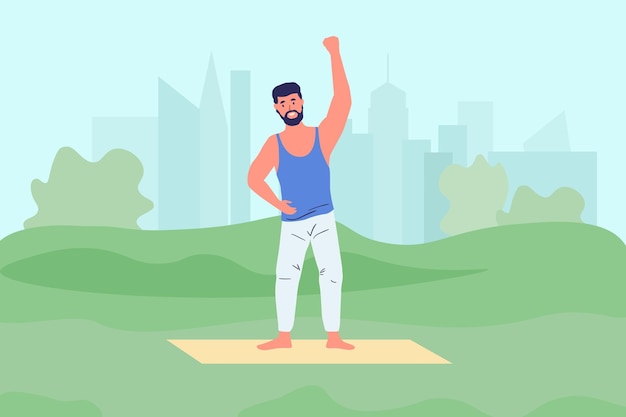 Ejercicios en el hogar Entrenamiento físico en el parque Entrenamiento al aire libre Deporte en la naturaleza Actividad atlética Estilo de vida saludable Deportista de pie en la alfombra Practicando yoga Ilustración vectorial