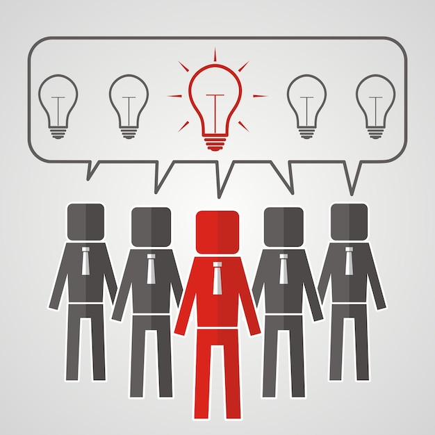 Él dirige a cinco personas con bombillas El concepto de trabajo en equipo La idea de llegar a una solución