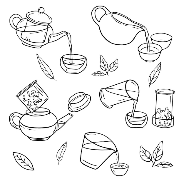 Elaboración de té chino dibujado a mano conjunto