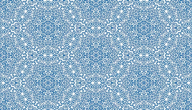 Elaborada flor de fantasía azul patrón sin costuras en blanco