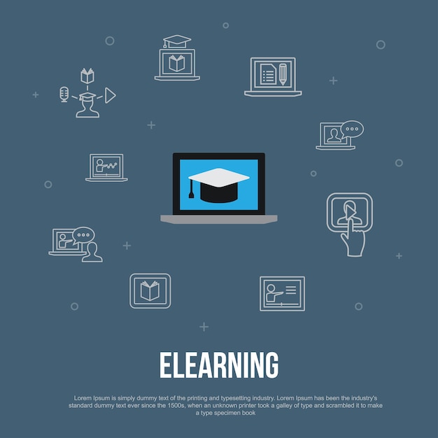 ELearning concepto plano de interfaz de usuario de moda con iconos de líneas simples. Contiene elementos como aprendizaje a distancia, capacitación en línea, capacitación en video, seminario web y más