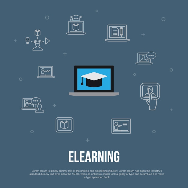 Elearning concepto plano de interfaz de usuario de moda con iconos de líneas simples. contiene elementos como aprendizaje a distancia, capacitación en línea, capacitación en video, seminario web y más