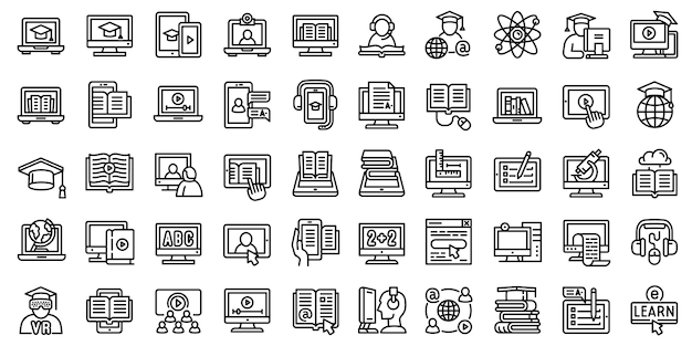 Elearning iconos conjunto. Conjunto de esquema de iconos de vector de e-learning aislado