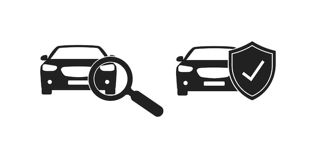 Elección de coche Coche negro con lupa Auto con escudo y marca de verificación Símbolo de coche de búsqueda Buscando transporte 10 epsxD