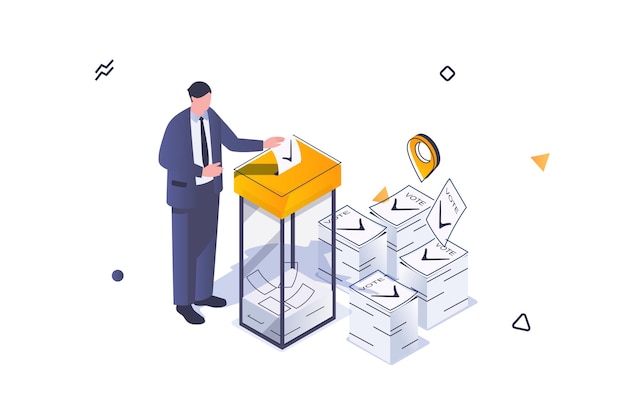 Elección y concepto de votación en diseño isométrico 3d El hombre vota en elecciones democráticas y pone su boleta en la urna en una cabina confidencial Ilustración vectorial con escena de personas isométricas para gráficos web