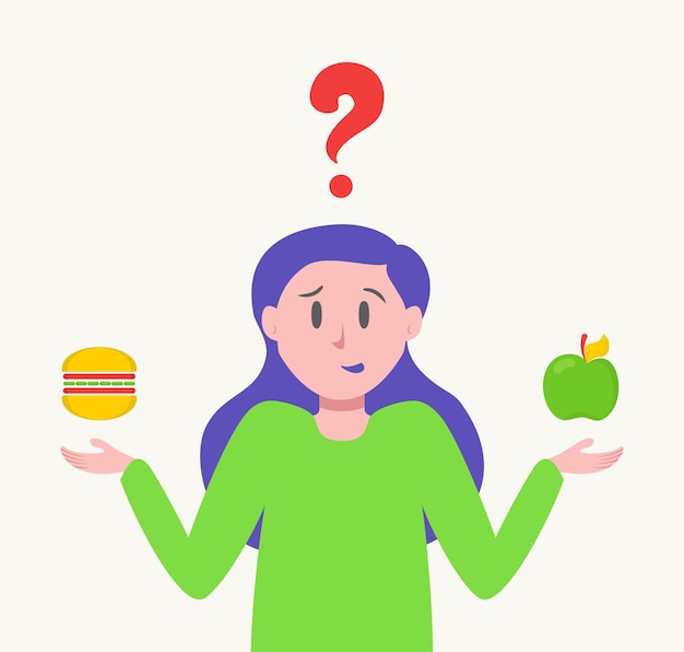 Elección de las mujeres entre comida saludable y comida chatarra Concepto de comida rápida