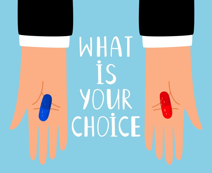 Vector elección de pastillas rojas y azules. manos con píldoras rojas y azules o cápsulas de vitaminas, tabletas cuestionan la metáfora, ilustración vectorial
