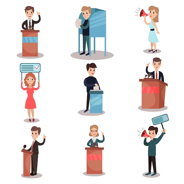 Vector elecciones y conjunto de votación, candidatos políticos y personas que participan en la votación ilustraciones