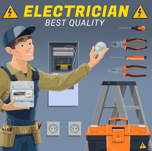 Vector electricista con herramientas y equipos eléctricos