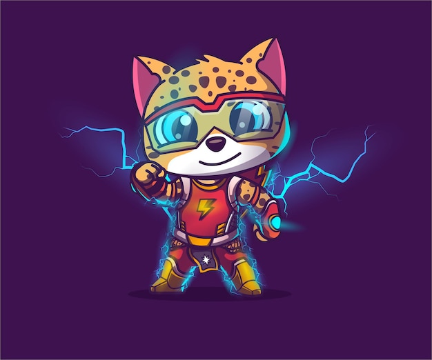 Electro superhéroe gato mascota ilustración icono vector plano dibujos animados estilo