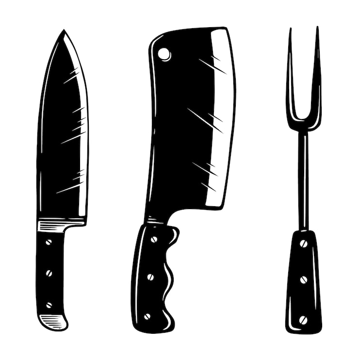 Vector electrodomésticos de cocina. cuchillo, cuchillo de carnicero, tenedor. elemento de diseño de logotipo, etiqueta, letrero, cartel, tarjeta, banner, flyer. ilustración vectorial