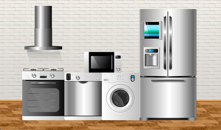 Vector electrodomésticos de cocina el fondo de una pared de ladrillos y sobre un piso de madera ilustración vectorial