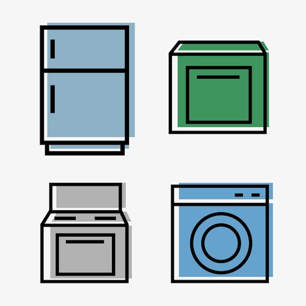Electrodomésticos de cocina web - conjunto de 4 iconos - nevera, placa, lavadora, lavavajillas - estilo de línea