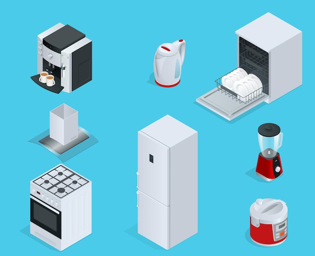 Electrodomésticos isométricos. Juego de lavavajillas, cocina de gas, cafetera, licuadora, tetera, nevera, multivarka, vajilla extractora.