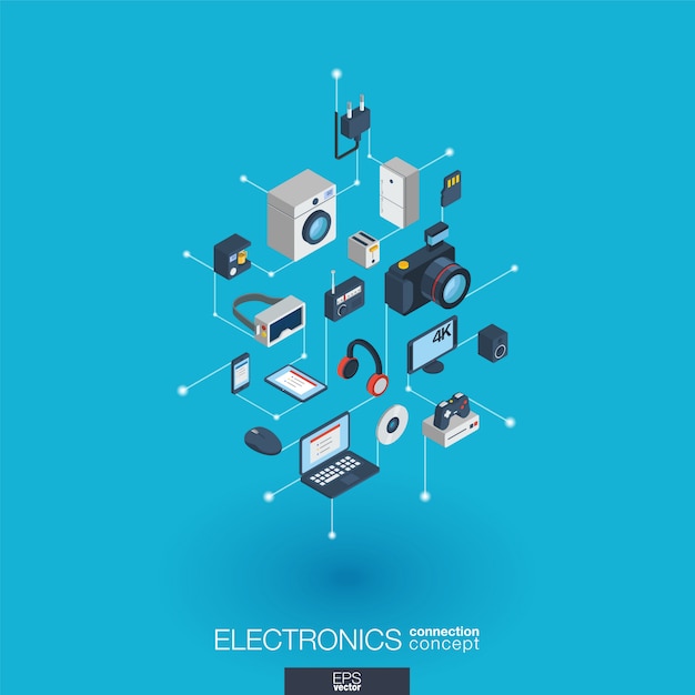 Electrónica integrada en los iconos de la web. Concepto de interacción isométrica de red digital. Sistema de línea y punto gráfico conectado. Resumen de antecedentes para la tecnología, aparatos domésticos. Infografía