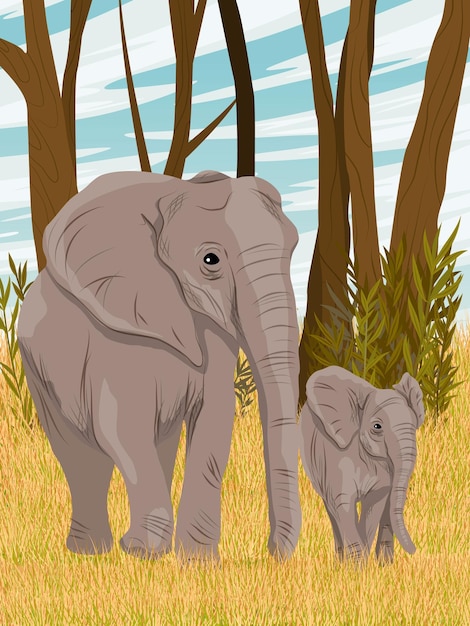 El elefante africano y el elefante bebé caminan a través de hierba alta y seca en la sabana africana