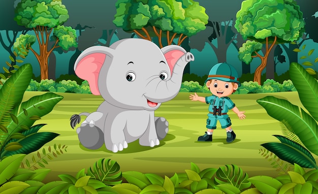 Elefante y aventurero en la jungla