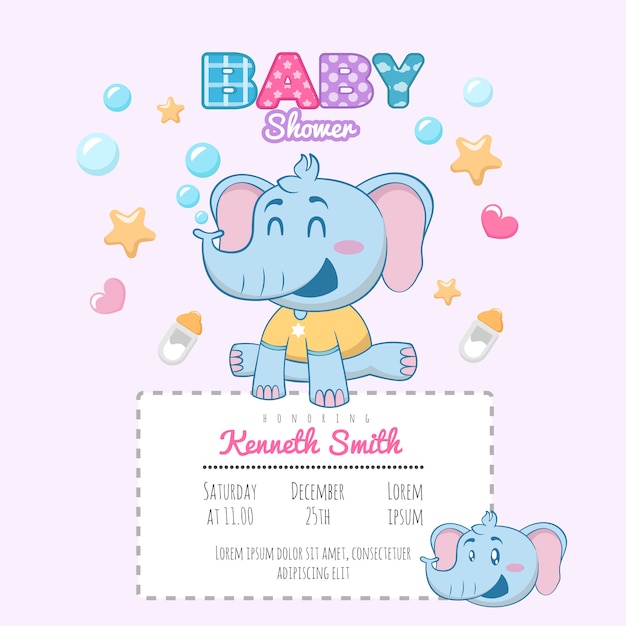 Vector elefante baby shower tema invitación plantilla
