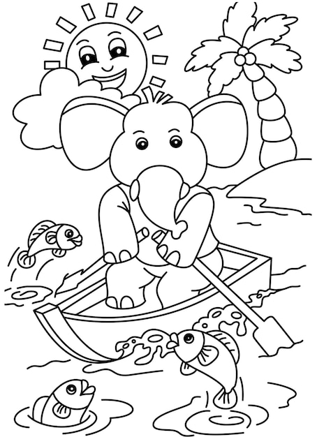 Vector elefante en un barco con peces para colorear página para niños vector