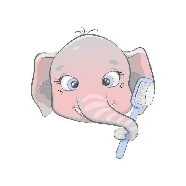 Elefante bebé de dibujos animados sostiene un cepillo de dientes aislado sobre fondo blanco
