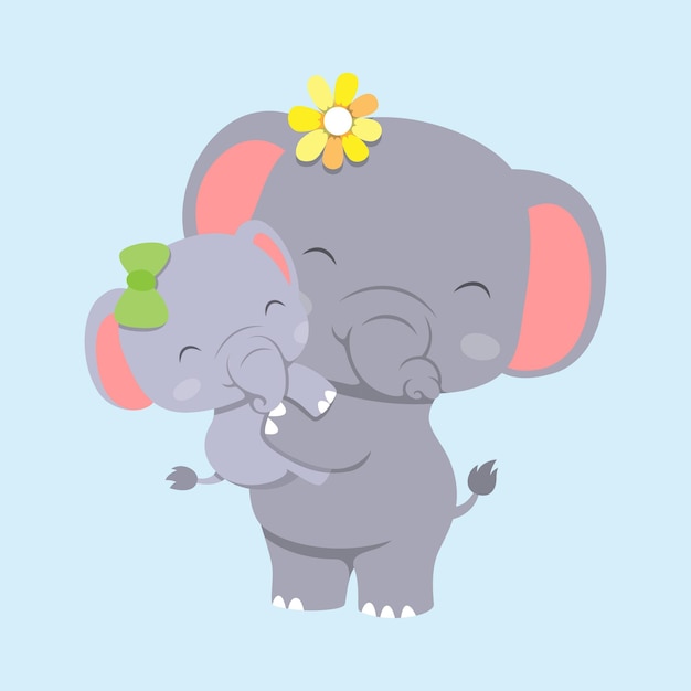 Vector elefante con bebé elefante usando horquilla y jugando juntos