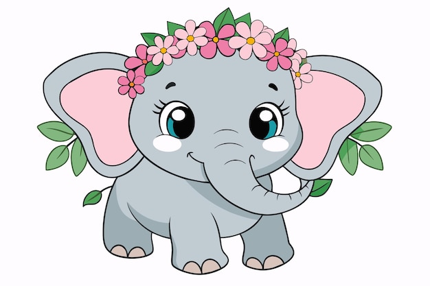 Elefante bebé lindo con una corona de flores rosas ilustración vectorial de safari ducha elefante riendo