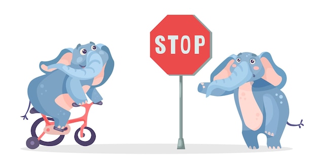 Elefante cómico montando bicicleta y señal de stop vector ilustración