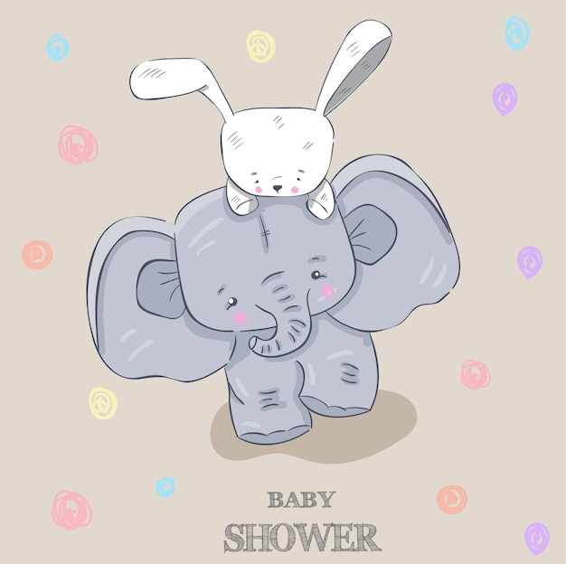 Vector elefante y conejo de peluche, dibujado a mano,