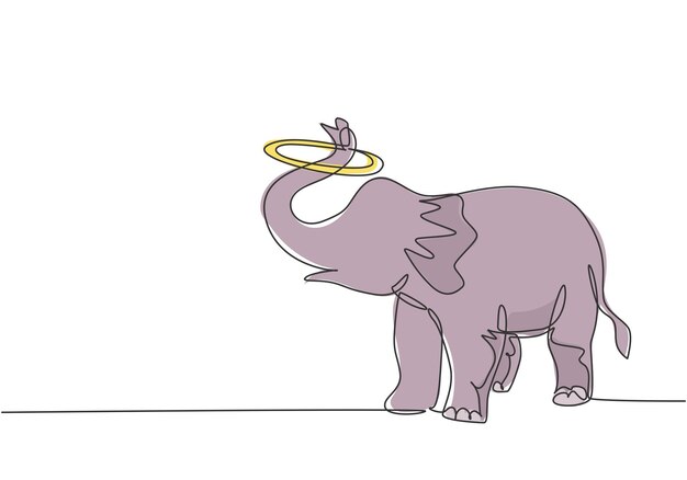 Elefante de dibujo de una sola línea realiza un circo girando un círculo usando su trompa animal lindo