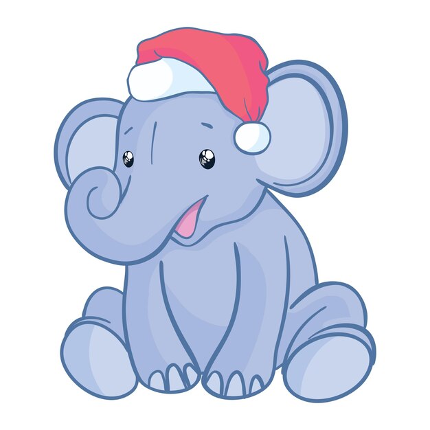 Elefante de dibujos animados divertido Santa Claus celebra la Navidad con un sombrero rojo de Santa Claus en la cabeza, aislado en un fondo blanco