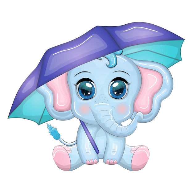 El elefante de dibujos animados es un personaje infantil con hermosos ojos y un paraguas de otoño.