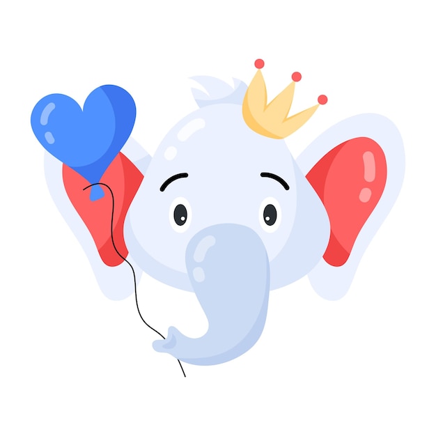 Vector un elefante de dibujos animados con un globo en forma de corazón y una corona en la cabeza.