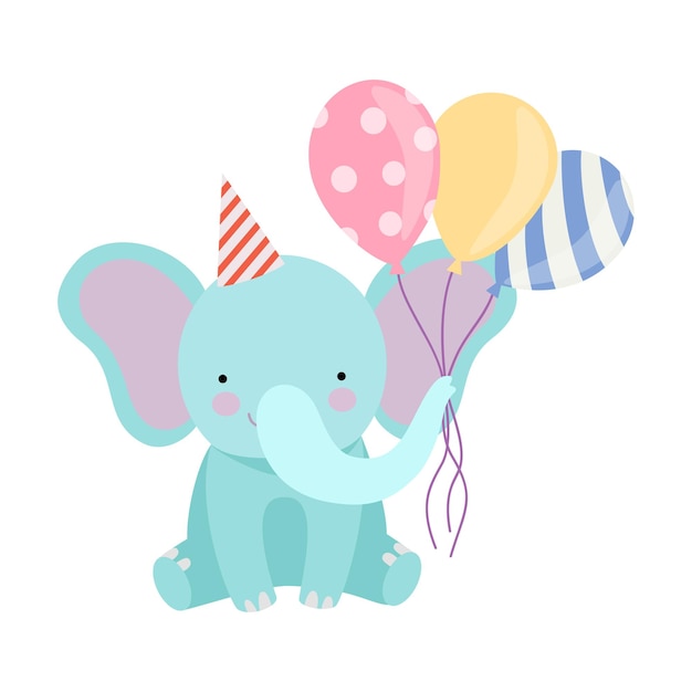 Elefante de dibujos animados con globos Ilustración vectorial sobre un fondo blanco