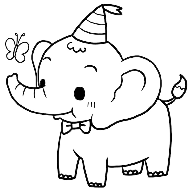 Un elefante de dibujos animados con un gorro de fiesta y una mariposa en la cabeza.