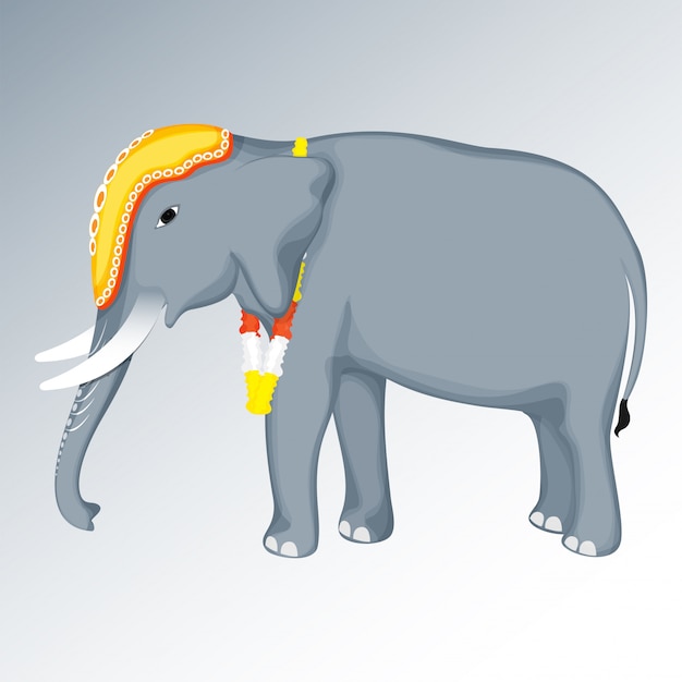 Vector elefante de dibujos animados con guirnalda de flores sobre fondo gris brillante.