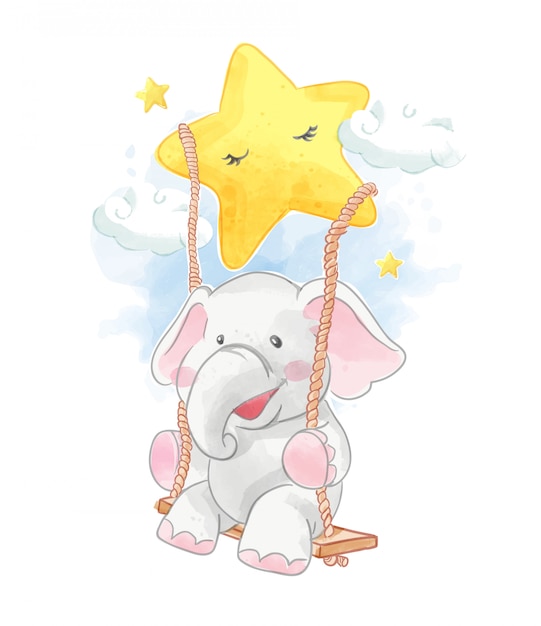 Elefante de dibujos animados en la ilustración de swing de estrella