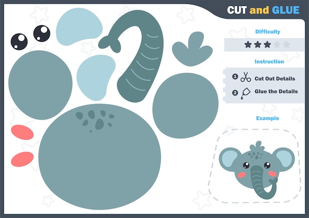 Elefante de dibujos animados. Juego educativo en papel para niños en edad preescolar. Corta partes de la imagen y pégalas en el papel. Ilustración vectorial. Juego de Cortar y Pegar.