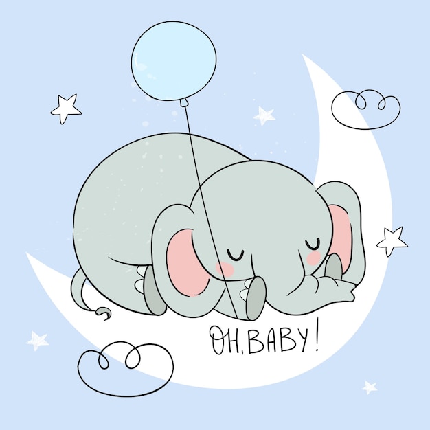 Elefante dormido. pequeño elefante lindo en la luna. ilustración de dulces sueños para bebé.