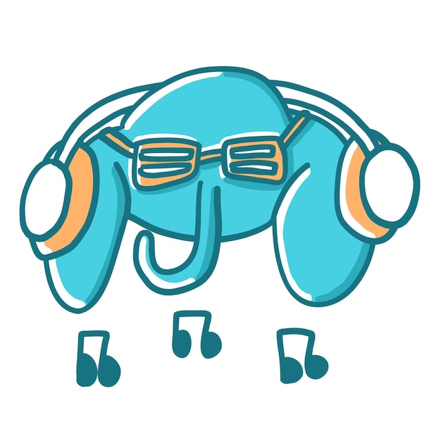 Elefante escuchando música con auriculares en estilo plano de dibujos animados