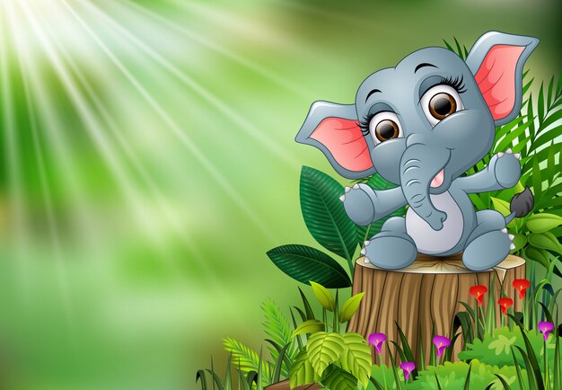 Vector elefante feliz del bebé de la historieta que se sienta en tocón de árbol con las plantas verdes