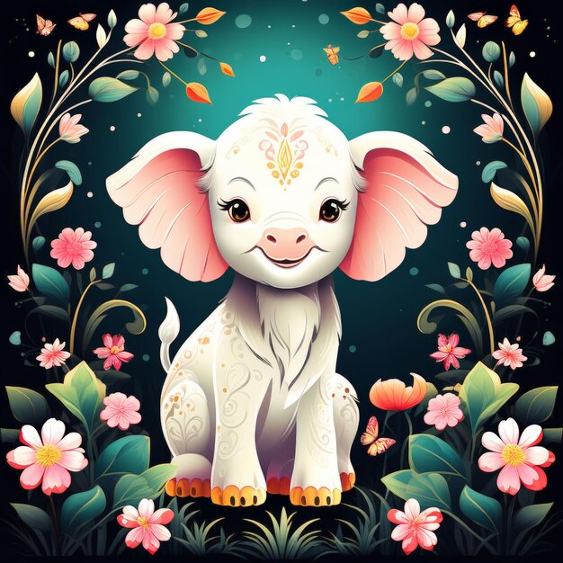 Vector elefante con fondo floral ilustración de fondo floral