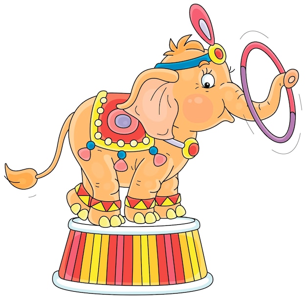 Elefante gracioso equilibrando en un podio y jugando con un gran y hermoso aro en un espectáculo de circo