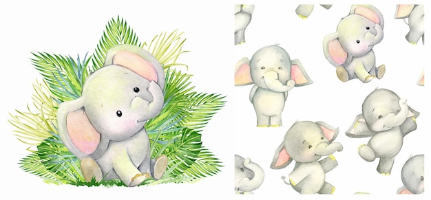 Elefante hojas tropicales acuarela set clipart y patrones sin fisuras en estilo de dibujos animados sobre un fondo aislado